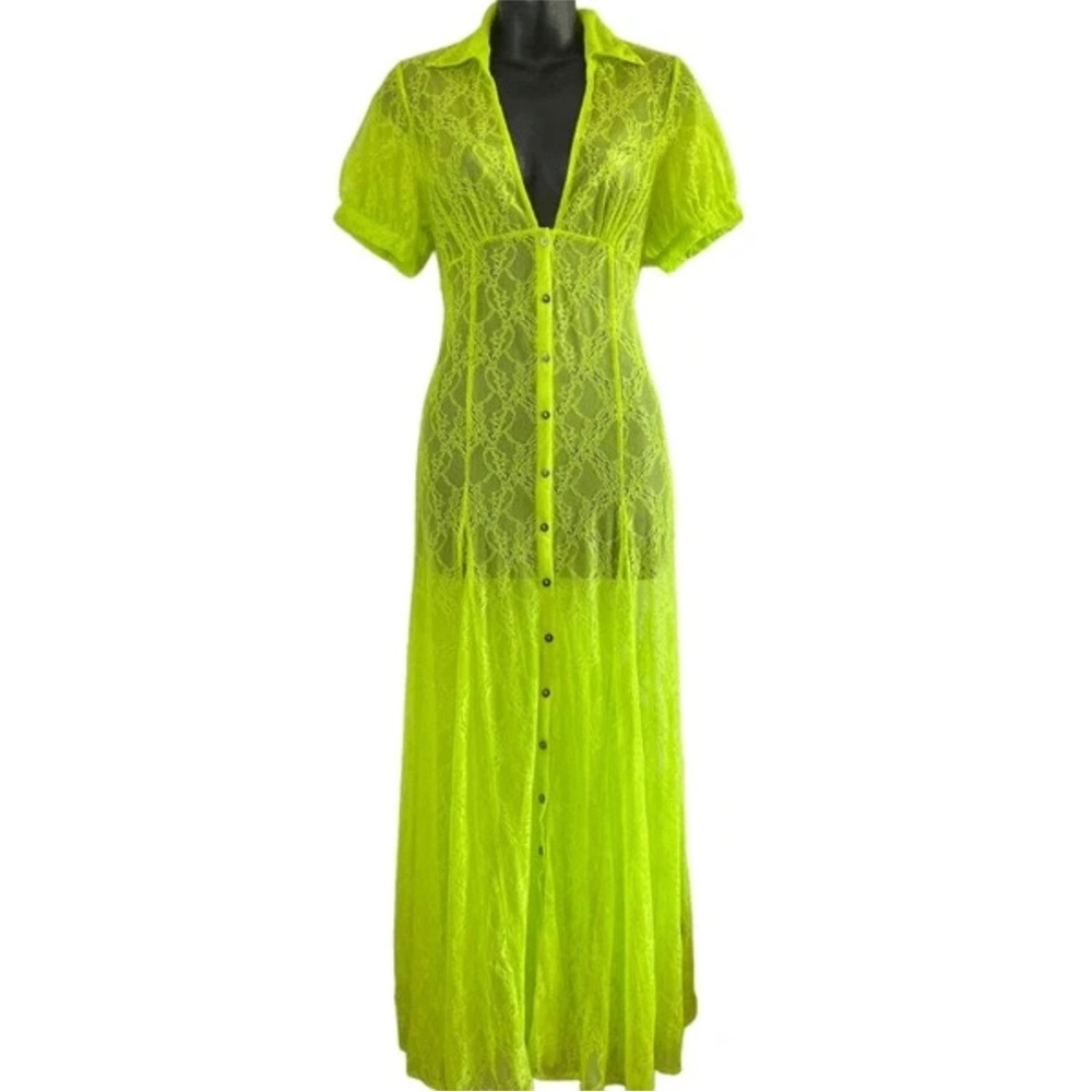 New Urban Outfitters Connie Sheer Lace Maxi Dress Size  Green Short Sleeve - Picture 12 of 13